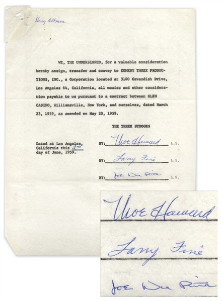 Three Stooges Signed Agreement to Glen Casino, Dated June 1959 -- Signed by Moe Howard, Larry Fine & Joe DeRita -- Measures 8.5'' x 11'' -- Very Good